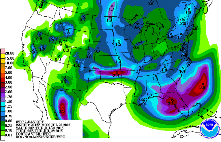 National map showing 7-day precipitation forecast 