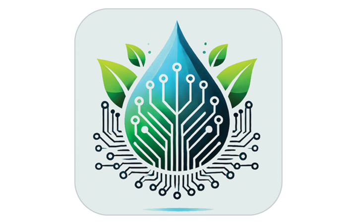 Droplet-shaped circuit overlaid with green leaves, blending technology and nature themes.