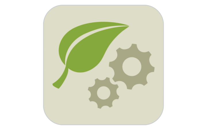 Green leaf and gray gears on a beige square background.
