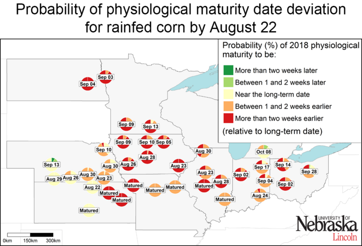 Map indicating estimated corn maturity of rainfed sites as of August 22, 2018