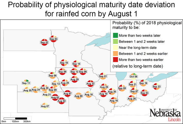 Map indicating estimated corn maturity of various sites as of July 31, 2018