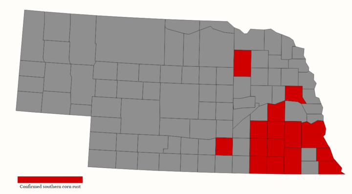 Map of counties with confirmed southern rust