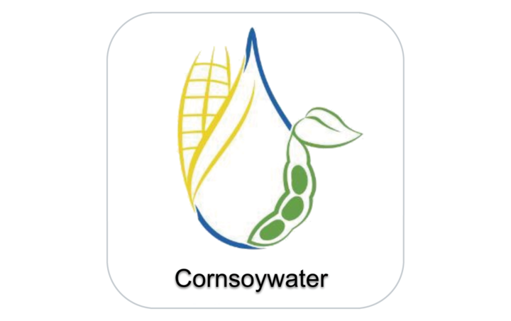 Corn-shaped logo merging with soybeans and a water droplet design.