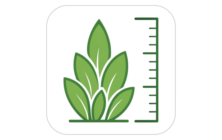 Green leaves next to a vertical ruler, symbolizing growth and measurement.