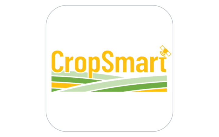 CropSmart logo with yellow text, stylized green fields, and a satellite icon.