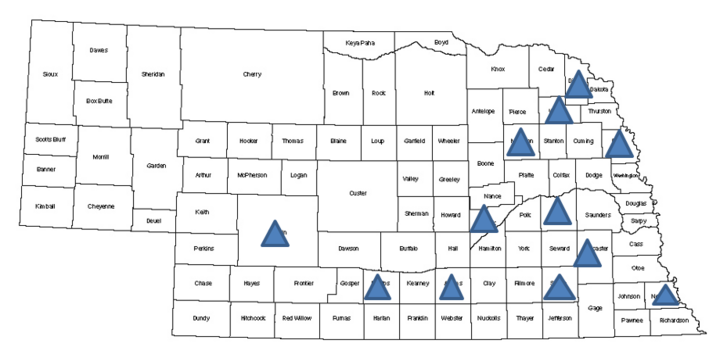 Nebraska map of cutworm monitoring sites