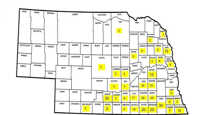 Nebraska map showing number of suspected dicamba-injury to non-Xtend soybeans reported to Extension.