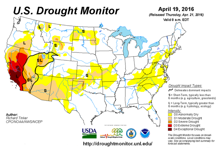 US map showing precipitation distribution for the 7 days previous to 7 a.m. April 21