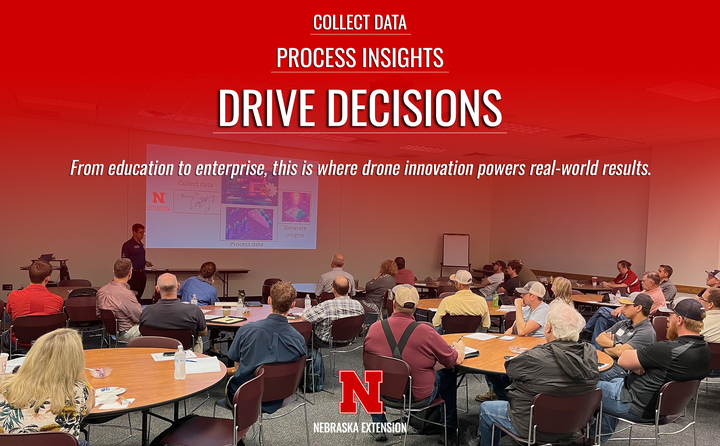 Conference attendees watch a Nebraska Extension presentation on UAV mapping systems, showing steps to collect data, process insights, and generate results.