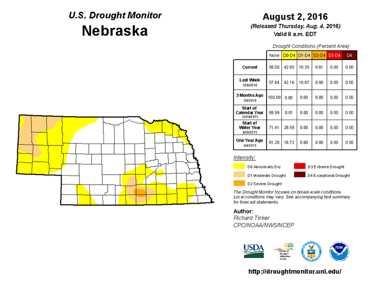 Drought Monitor map during August 2016 showing regions of abnormal dryness in western and southern Nebraska