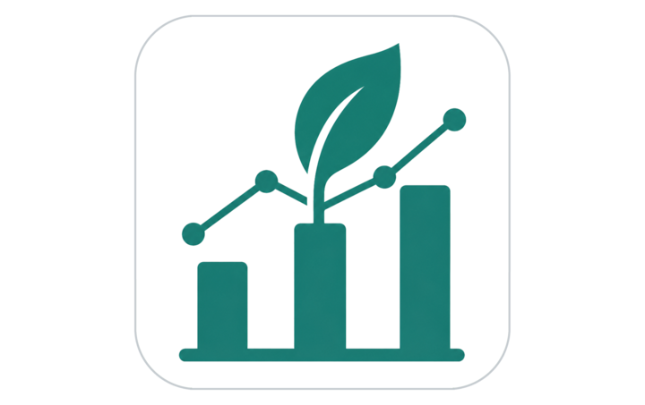 Green bar chart with a rising graph line and leaf symbol.