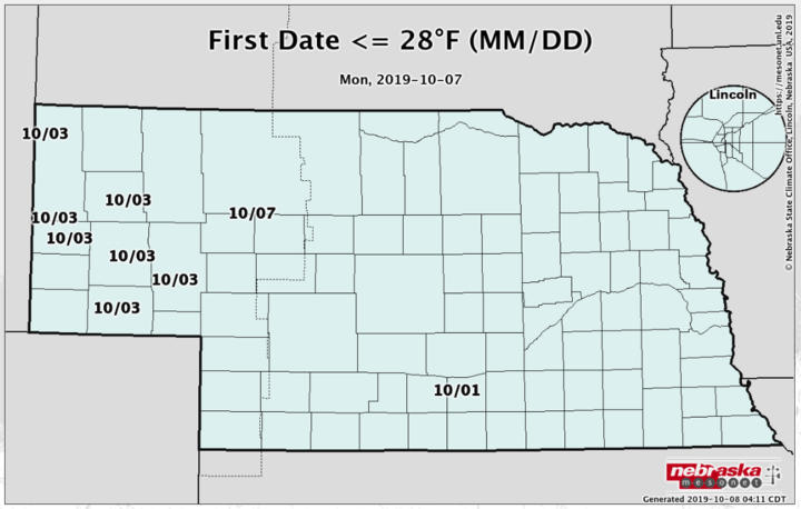 Map showing location and first date a site drops below 28F