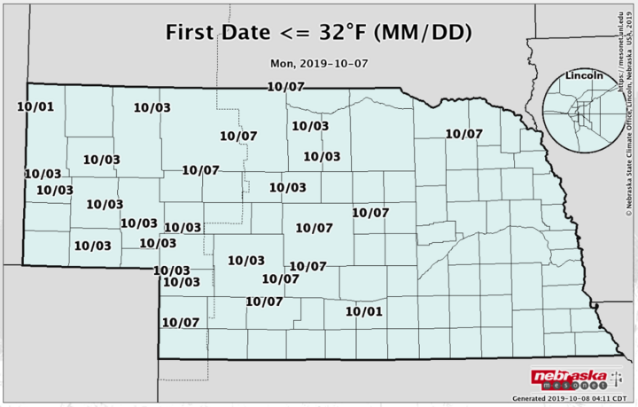 Map showing location and first date a site drops below 32F