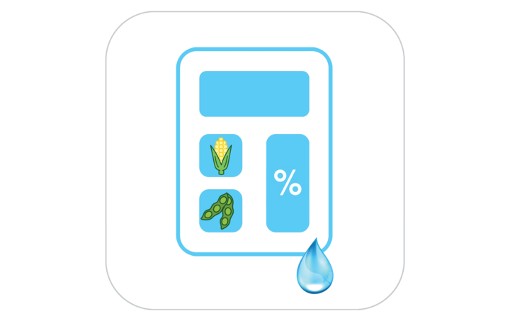 Calculator with corn, soybeans, percentage symbol, and water droplet icons.