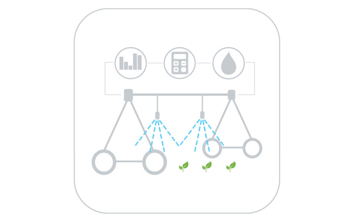 Sprinklers watering small plants, icons of analytics, calculator, and water above.