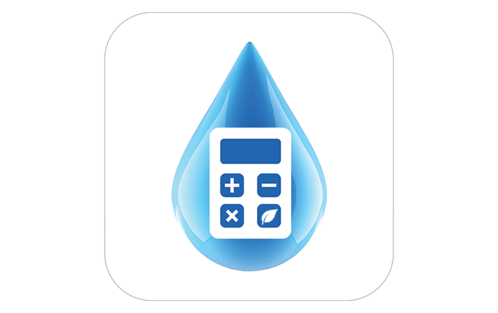 Blue water drop icon with a white calculator symbol inside.