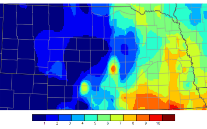 Late July 2016 minimum temperatures on Nebraska map