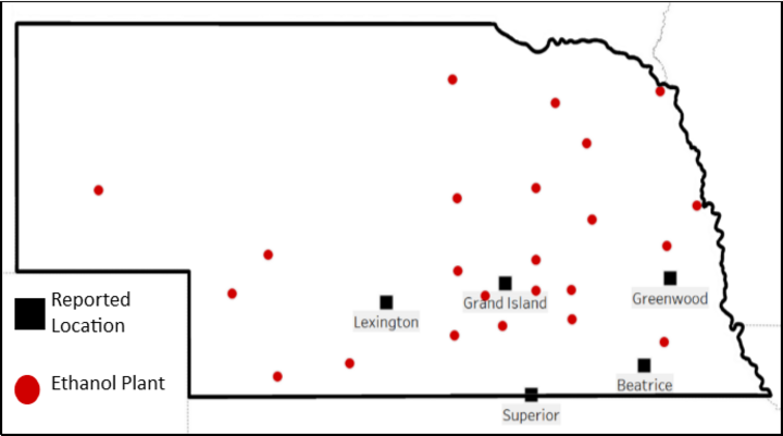 Nebraska map showing locations of ethanol facilities and reported basis locations