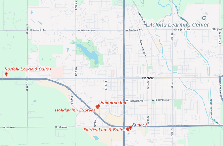 map of Norfolk Nebraska with pins on several hotels
