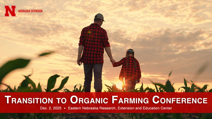Adult and child wearing red flannel shirts walk through a cornfield at sunset, symbolizing family, sustainability, and the next generation of organic farmers. Text overlay reads “Transition to Organic Farming Conference, Dec. 2, 2025, Eastern Nebraska Research, Extension and Education Center.