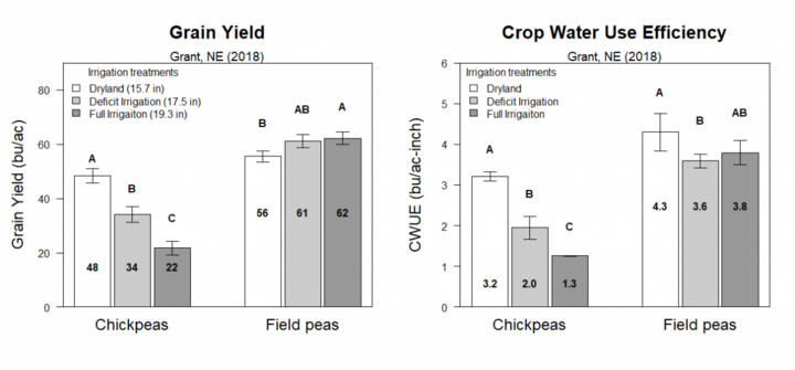 Graphs of yield and crop water use efficiency for field pea and chickpea