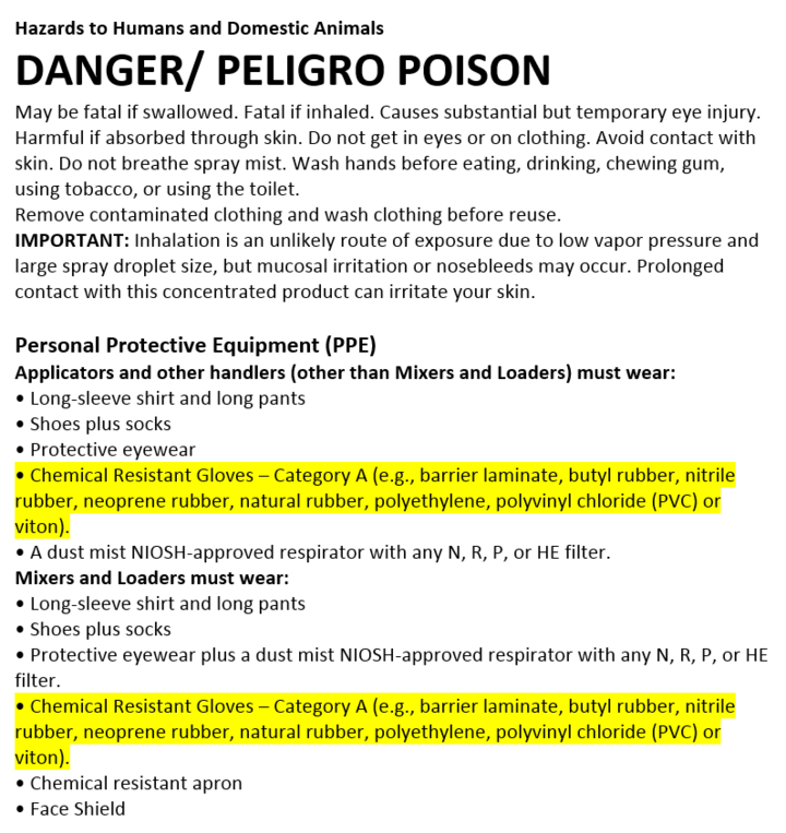 pesticide label segment on gloves