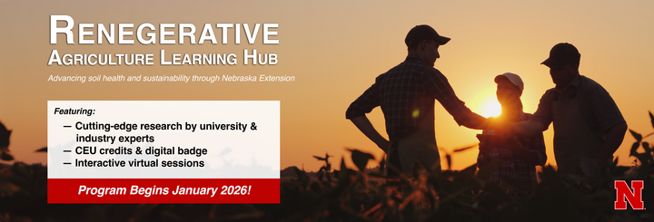Three farmers meet in a field at sunset, silhouetted against an orange sky. Text overlay promotes the Regenerative Agriculture Learning Hub, highlighting CEU credits, expert research, and interactive virtual sessions beginning January 2026.