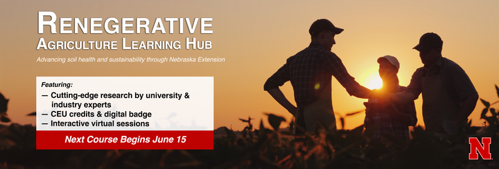 Silhouetted farmers standing in a crop field at sunset beside text reading “Regenerative Agriculture Learning Hub” with course start date June 15.