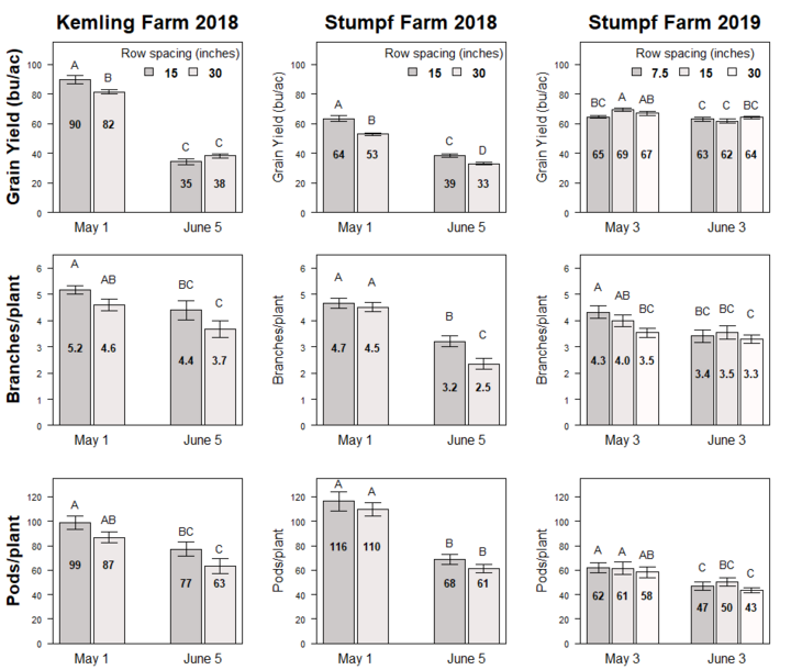 graphs of Impact of planting dates and row spacing on grain yield, branching and pod set