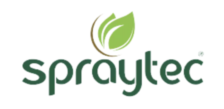 Spraytec logo with green lowercase lettering and a stylized green leaf design above the “a” and “y”