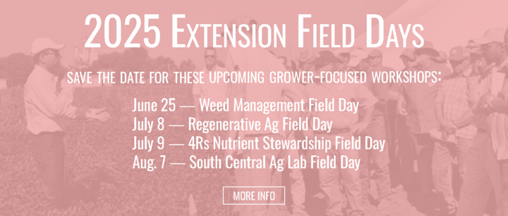Red banner promoting 2025 Extension Field Days in Nebraska, listing four upcoming events: Weed Management (June 25), Regenerative Ag (July 8), 4Rs Nutrient Stewardship (July 9), and South Central Ag Lab Field Day (Aug. 7), with a “More Info” button at the bottom.