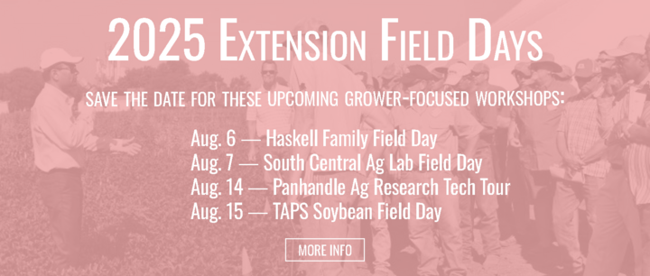 Red banner promoting 2025 Extension Field Days in Nebraska, listing four upcoming events: Weed Management (June 25), Regenerative Ag (July 8), 4Rs Nutrient Stewardship (July 9), and South Central Ag Lab Field Day (Aug. 7), with a “More Info” button at the bottom.
