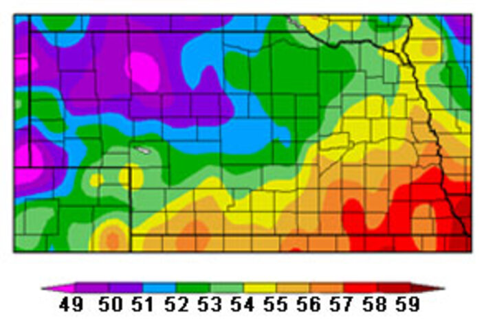 Map of average temperatures in Nebraska for April