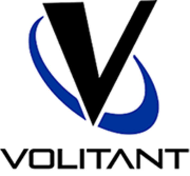 Volitant logo featuring a bold black “V” with curved blue swooshes and the word “Volitant” in black capital letters beneath