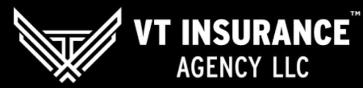 VT Insurance Agency LLC logo with bold white text and a stylized “VT” monogram formed by angled lines, all on a black background