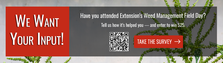 Banner encouraging past attendees of Nebraska Extension's Weed Management Field Day to take a short feedback survey for a chance to win $25. Includes QR code and “Take the Survey” button.