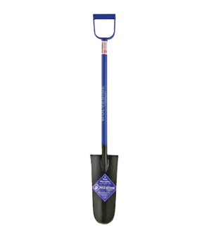 A blue handled spade on white background.