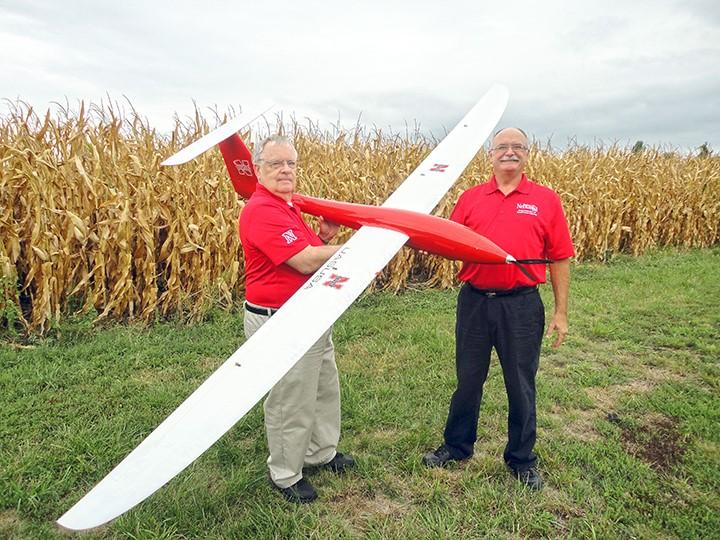 George Meyer, left, and Wayne Woldt complete a preflight check on the Tempest unmanned aircraft. Both are professors in the UNL Department of Biological Systems Engineering.