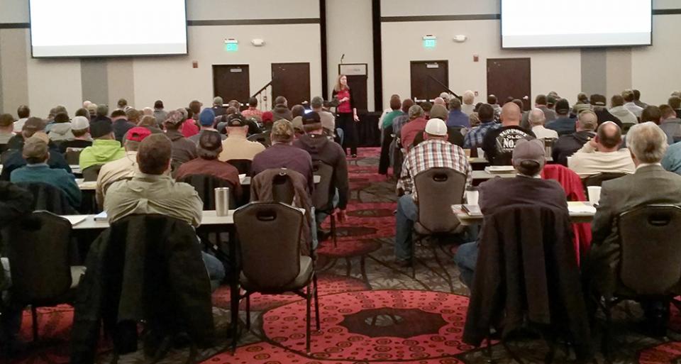Extension Entomologist Julie Peterson speaking at an earlier Crop Production Clinic.