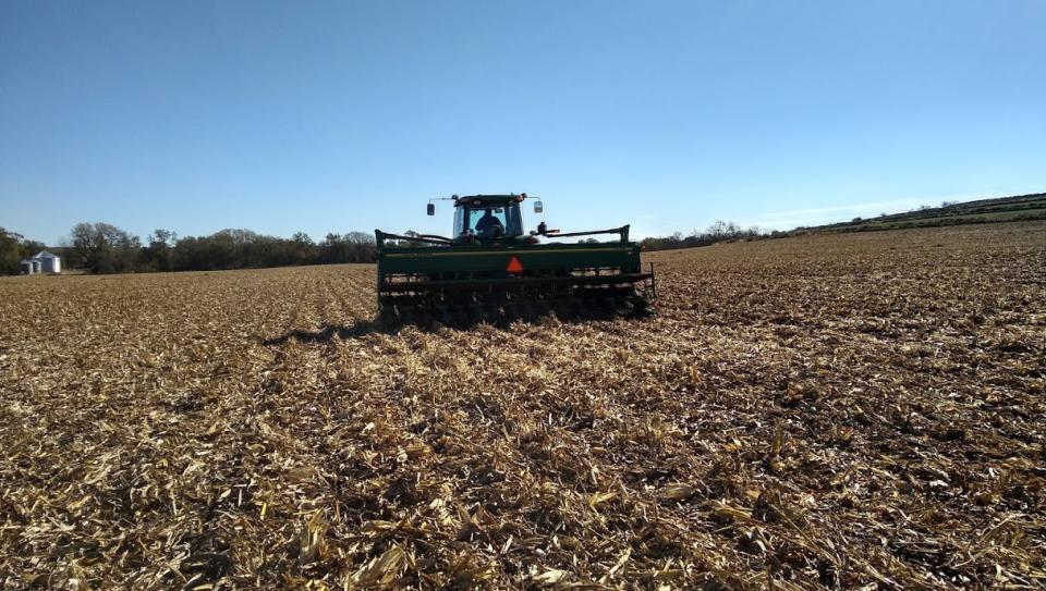 Figure 1. Drilling cereal rye into corn stubble in Dodge County, October 19, 2018.