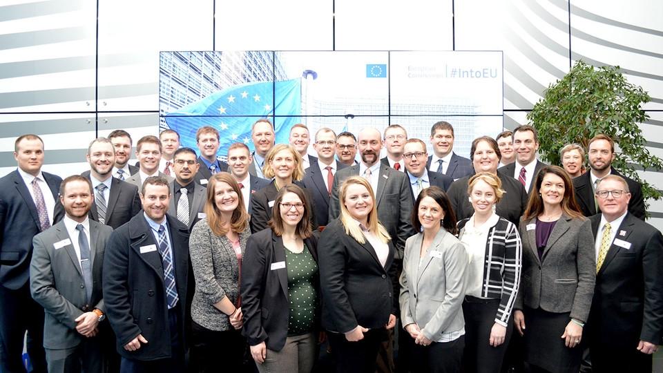 LEAD 37 fellows pose at the European Commission office in Brussels, Belgium, during their international study/travel seminar. Applications for Group 39 are now being accepted.