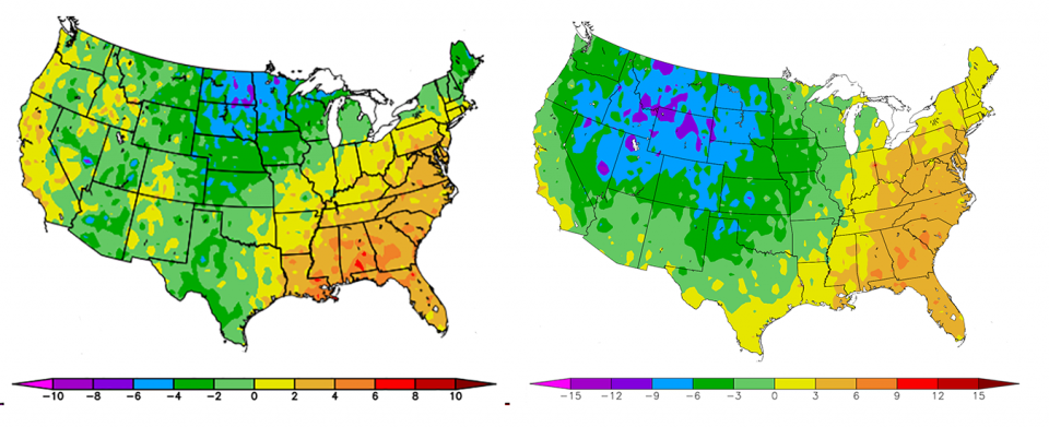 Two US maps, one showing departure from normal temperature for October 2018 and the other showing departure for October 2019.