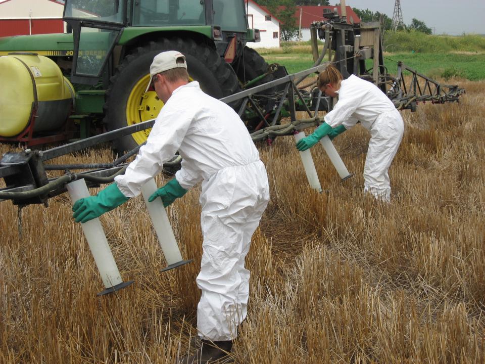 Two workers filling pesticide containers