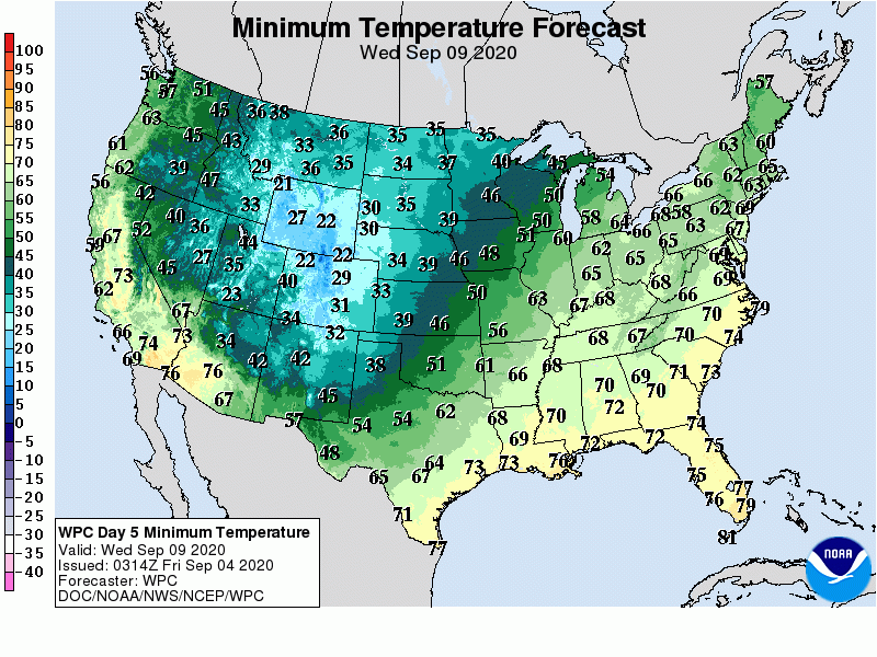 forecast low temperatures for September 9, 2020