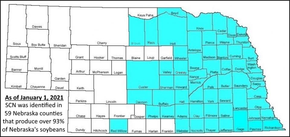 Map of SCN-infected Nebraska counties