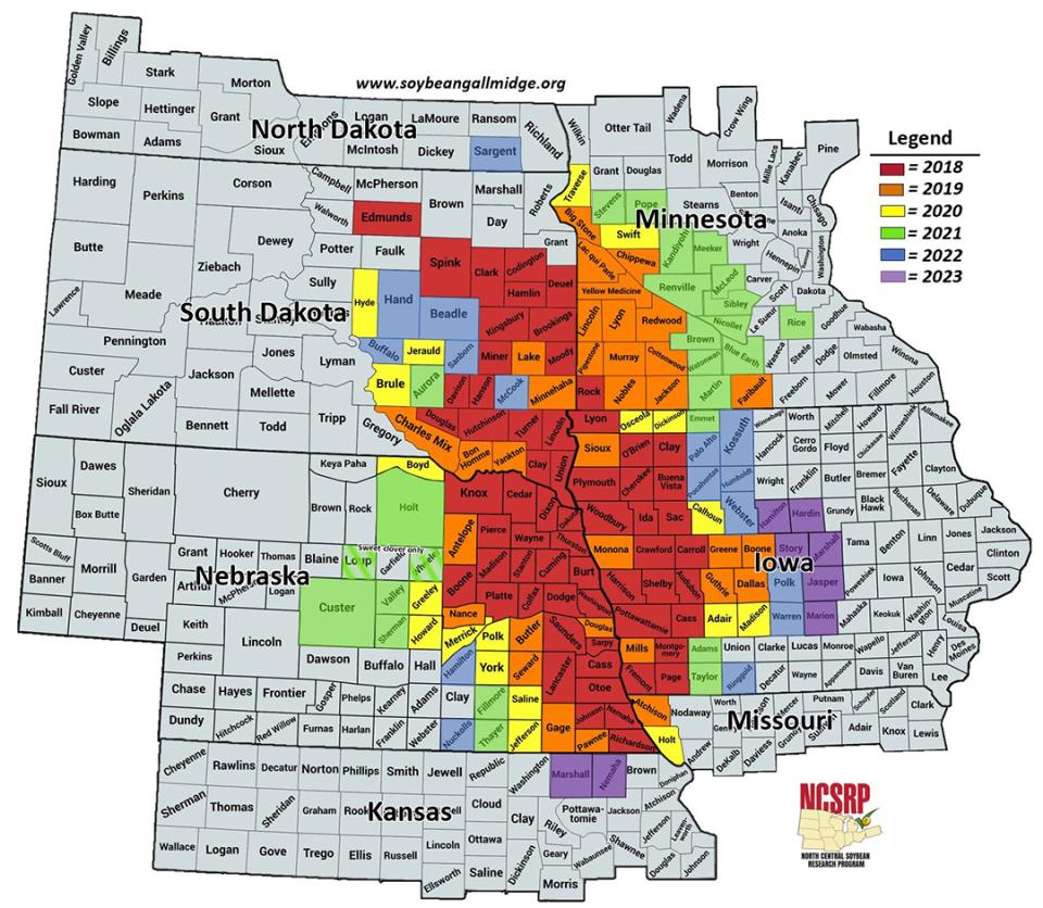 Map of soybean gall midge infestation locations in Midwest