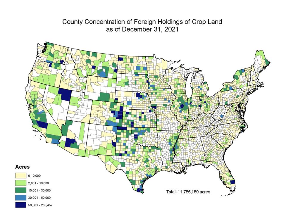 Map of foreign land ownership in US by county