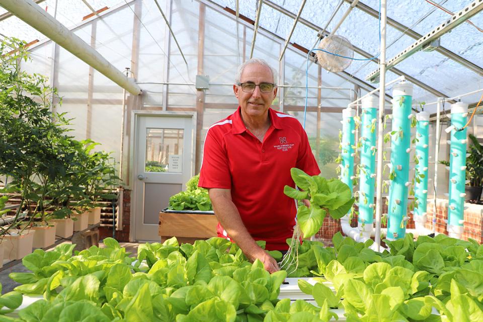 Stacy Adams standing behind crops in greenhouse
