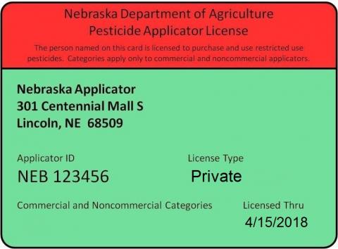 Sample private pesticide applicator certification card for 2018