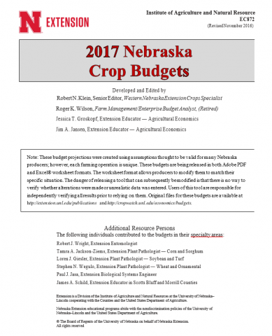 Cover of 2017 Nebraska Crop Budgets